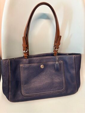 Vintage Coach Navy Pebbled Leather Shoulder Tote